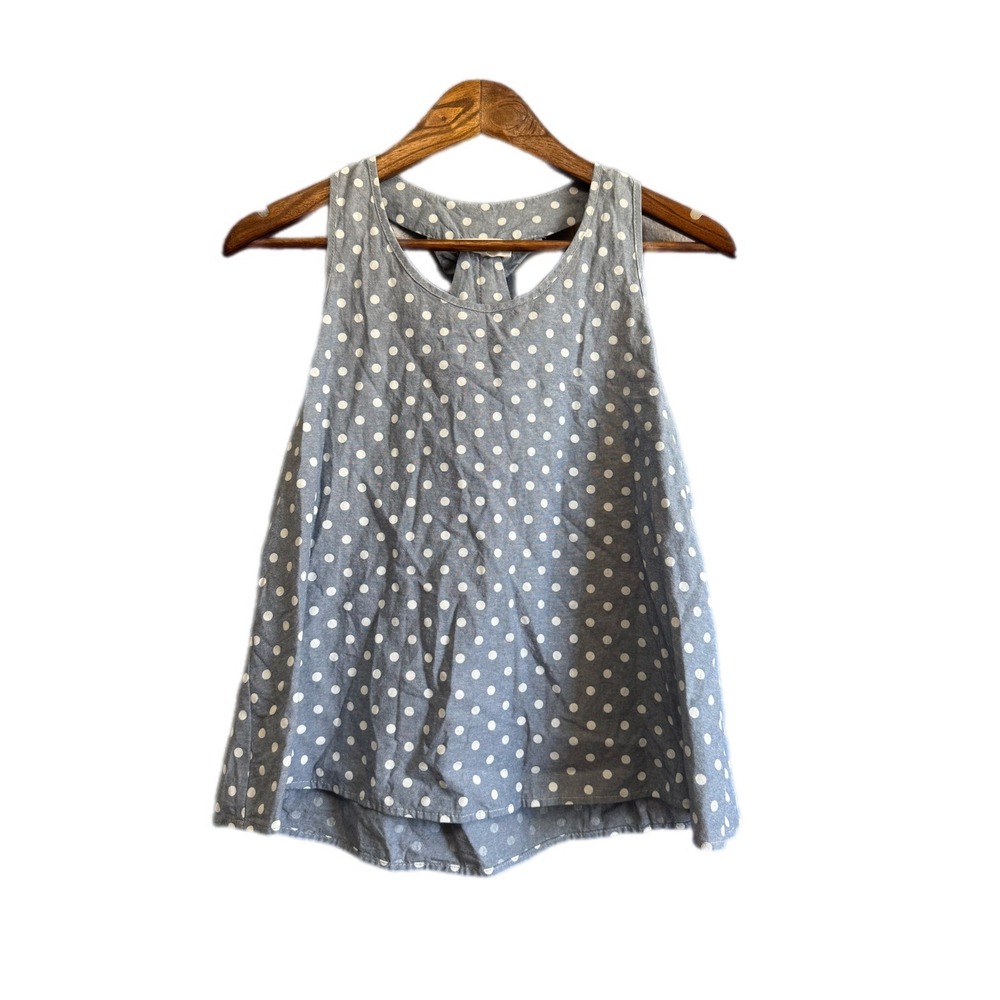 Peach Love California Tank Top Womens Small Blue Polka Dot Ruffle Back Excellent